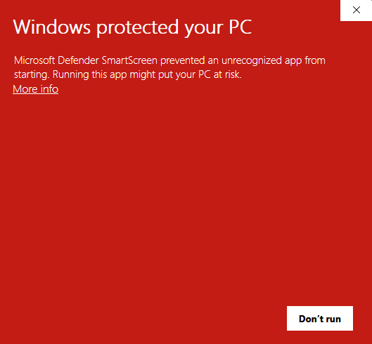SmartScreen warning: "Windows protected your PC" heading with a "More info" link.