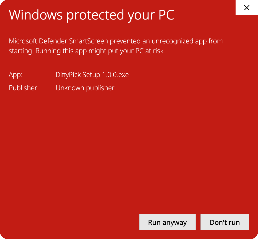 SmartScreen warning showing the app name, publisher, and "Run anyway" / "Don't run" buttons.