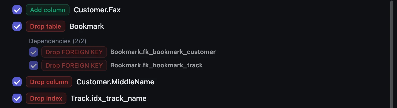 Diff rows with checkboxes and color-coded change tags