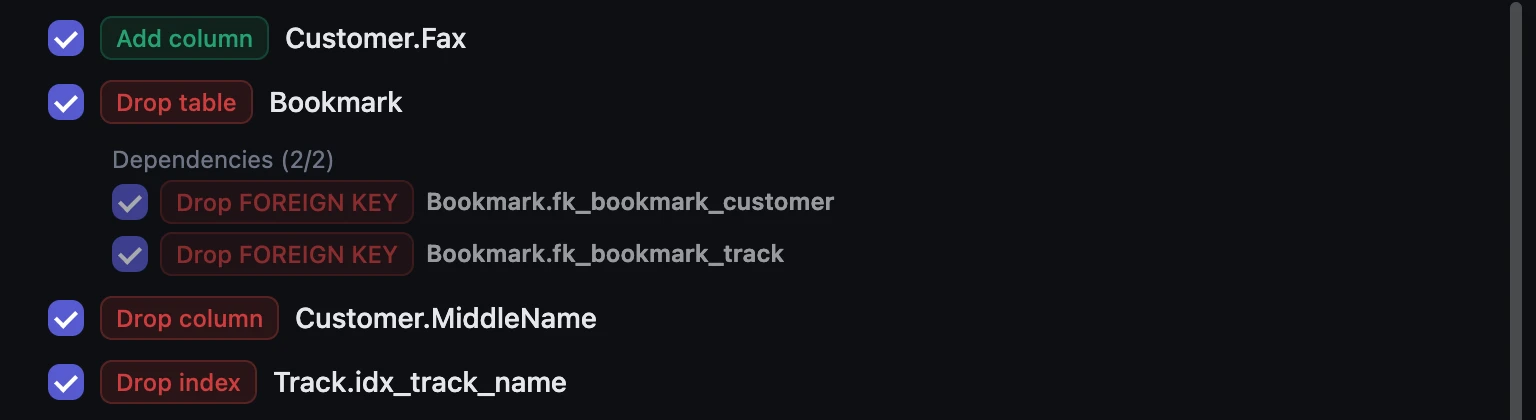 Diff rows with checkboxes and color-coded change tags
