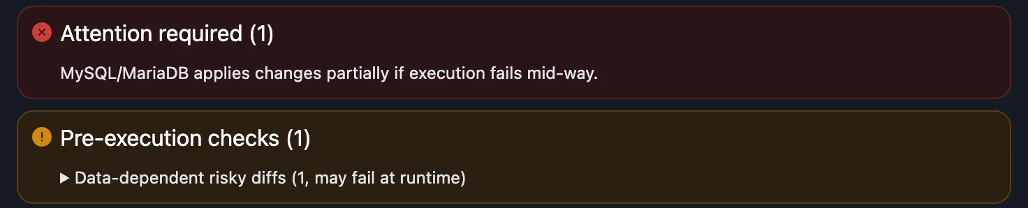 Pre-execution confirmation showing critical warnings and advisories