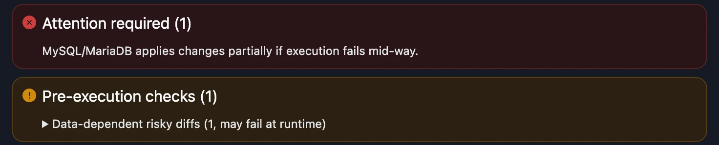 Pre-execution confirmation showing critical warnings and advisories