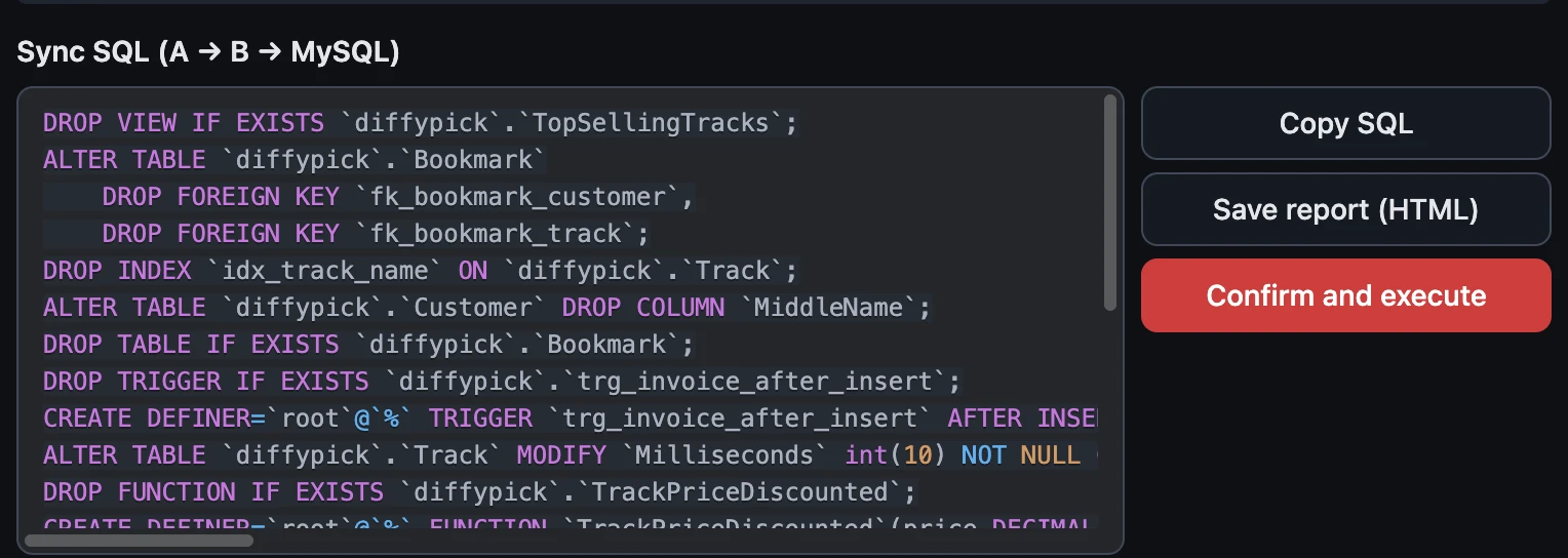 Generated sync SQL with syntax highlighting and an execute button