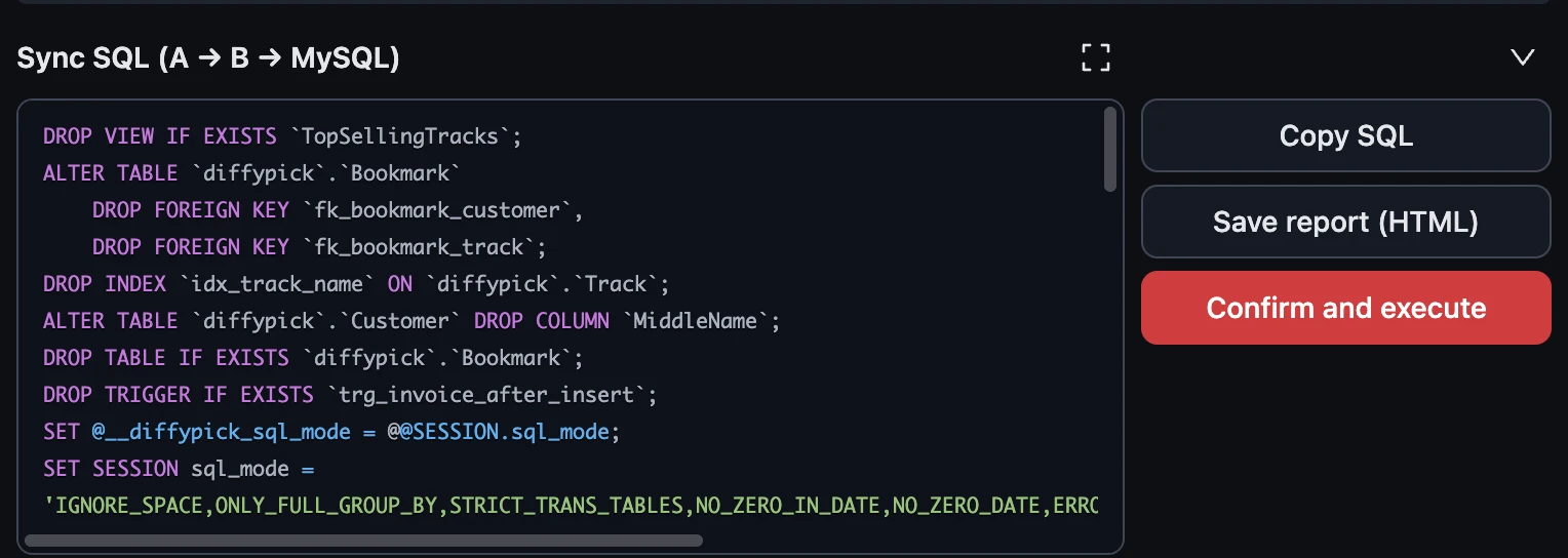 Generated sync SQL with syntax highlighting and an execute button