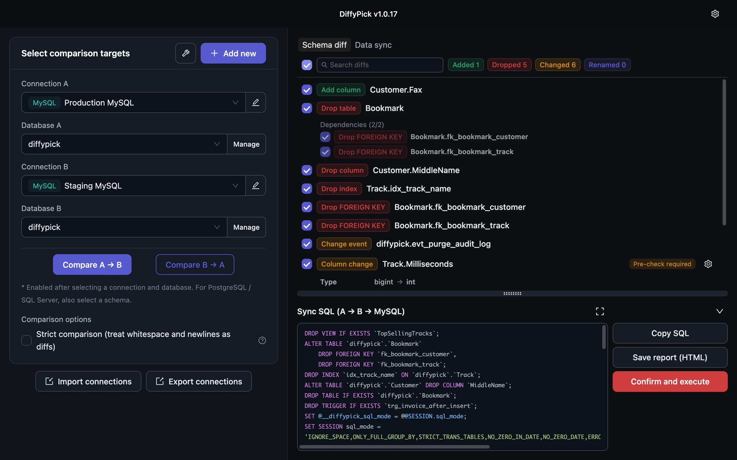 DiffyPick comparing two MySQL databases: a color-coded diff list and the generated sync SQL side by side