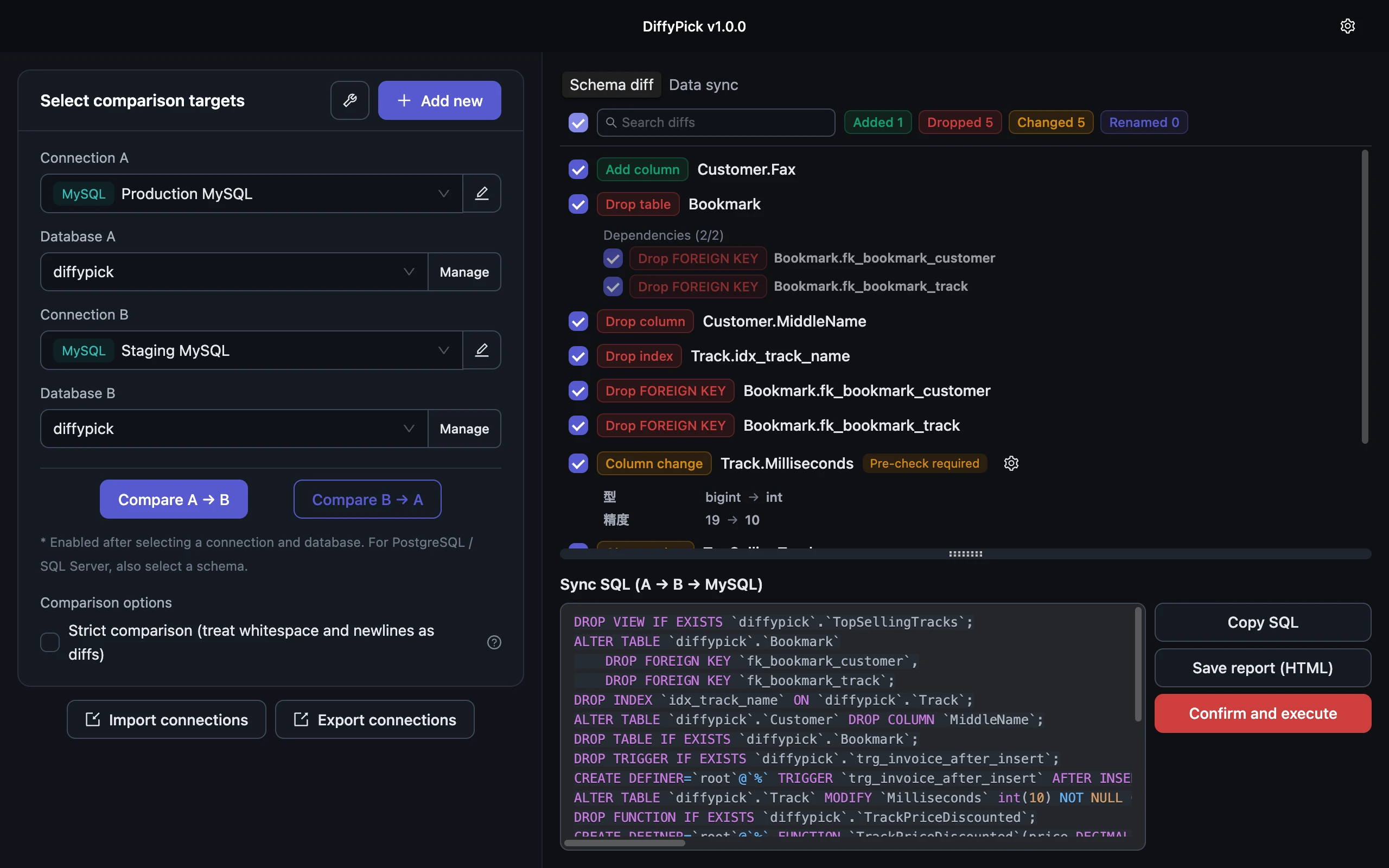 DiffyPick comparing two MySQL databases: a color-coded diff list and the generated sync SQL side by side