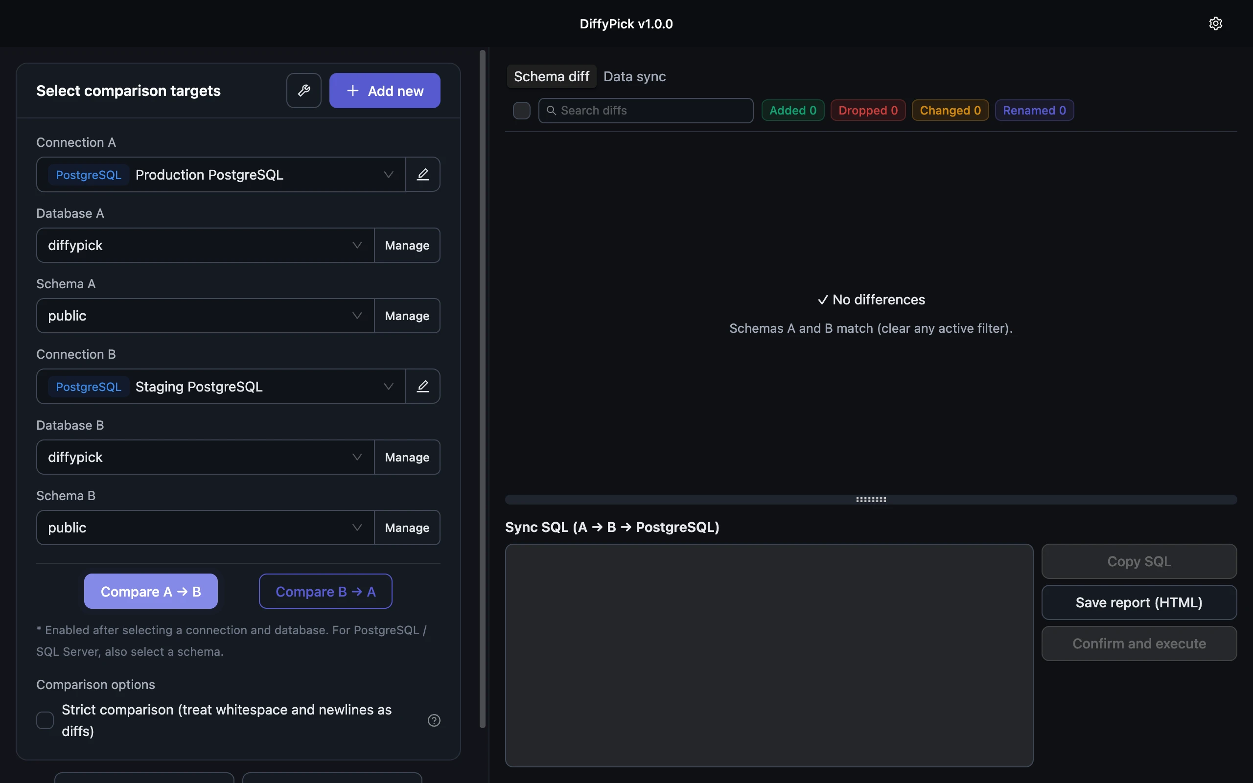 Comparison result after sync showing “no differences”