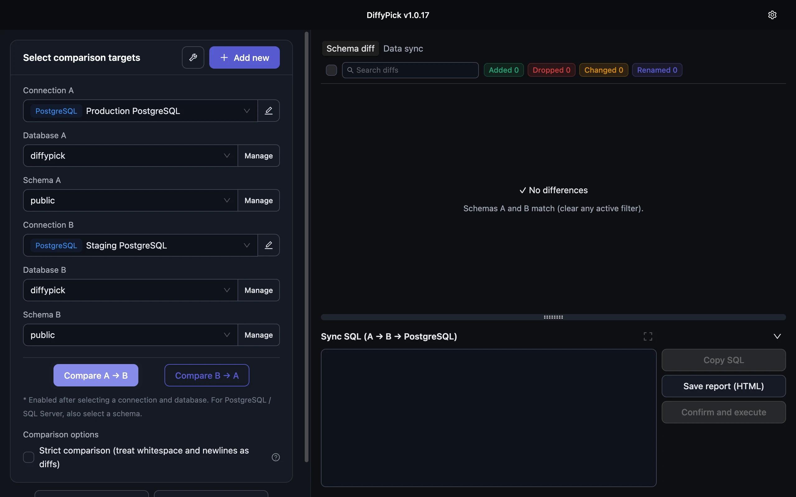 Comparison result after sync showing “no differences”