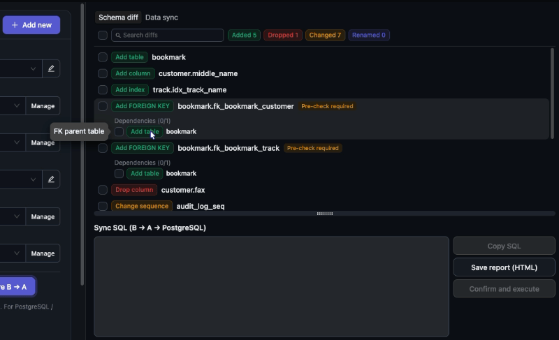 ADD FOREIGN KEY の差分にチェックを入れると、依存先の親テーブルの差分が自動でチェックされる様子